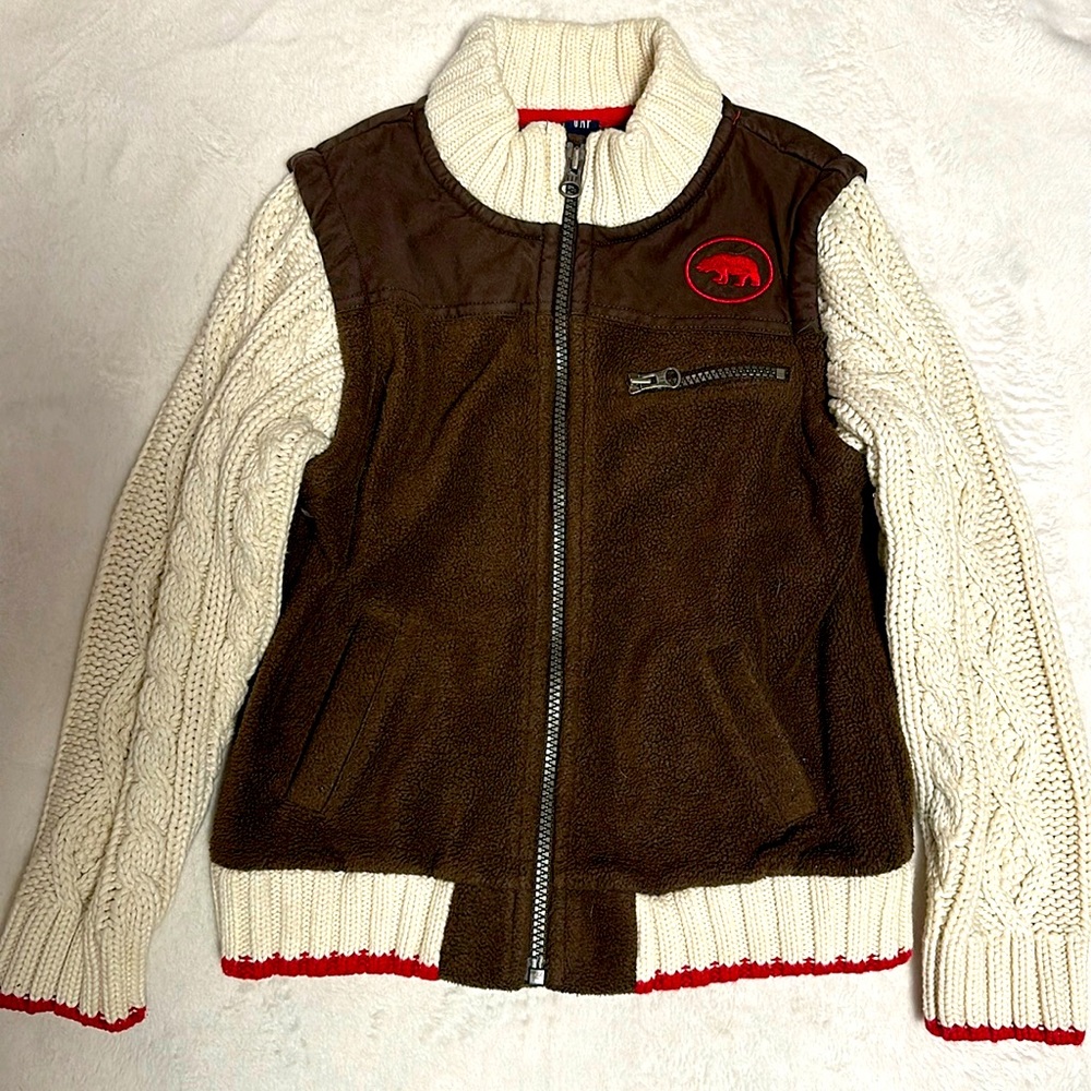 BABY GAP IVORY & BROWN SWEATER & FLEECE JACKET BEAR PATCH 5 EUC